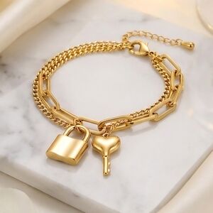 Minimalist Padlock Heart Key Bracelet 18K Gold Plated Stainless Steel